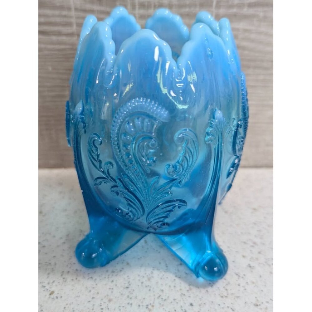 Northwood Blue Opalescent Inverted Fan and Feather Rose Bowl